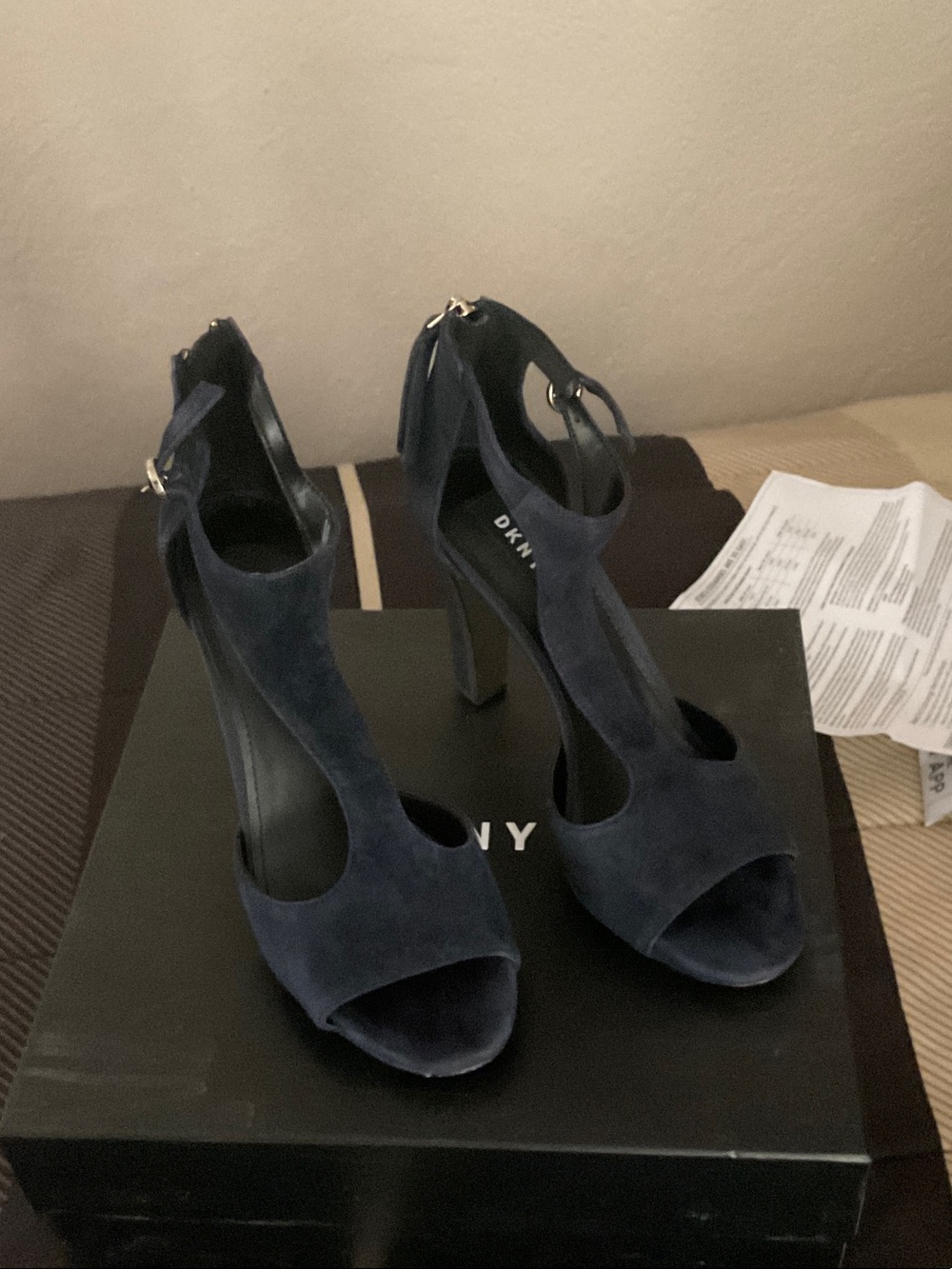 DKNY Navy Suede Cutout Peep-Toe Ankle Strap Heels